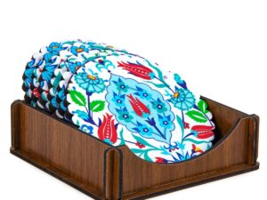 Multicolor Square Drink Coaster Set of 6 - Mediterranean Design with Ottoman Patterns and Mandalas, 11 x 11 cm