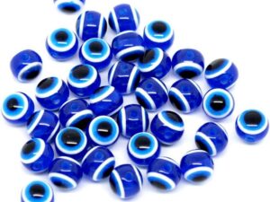 Bulk 100 x Dark Blue Evil Eye/Nazar Buncuk Stripe Round Polyester Beads 10mm