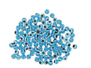 Bulk 100 x Light Blue Evil Eye/Nazar Buncuk Stripe Round Polyester Beads 10mm