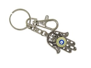 Hamsa Hand, Hand of Fatima, Hand of Miriam with Lucky Evil, Nazar Boncuk Eye Keyring - Protection, Peace and Prosperity - Handmade
