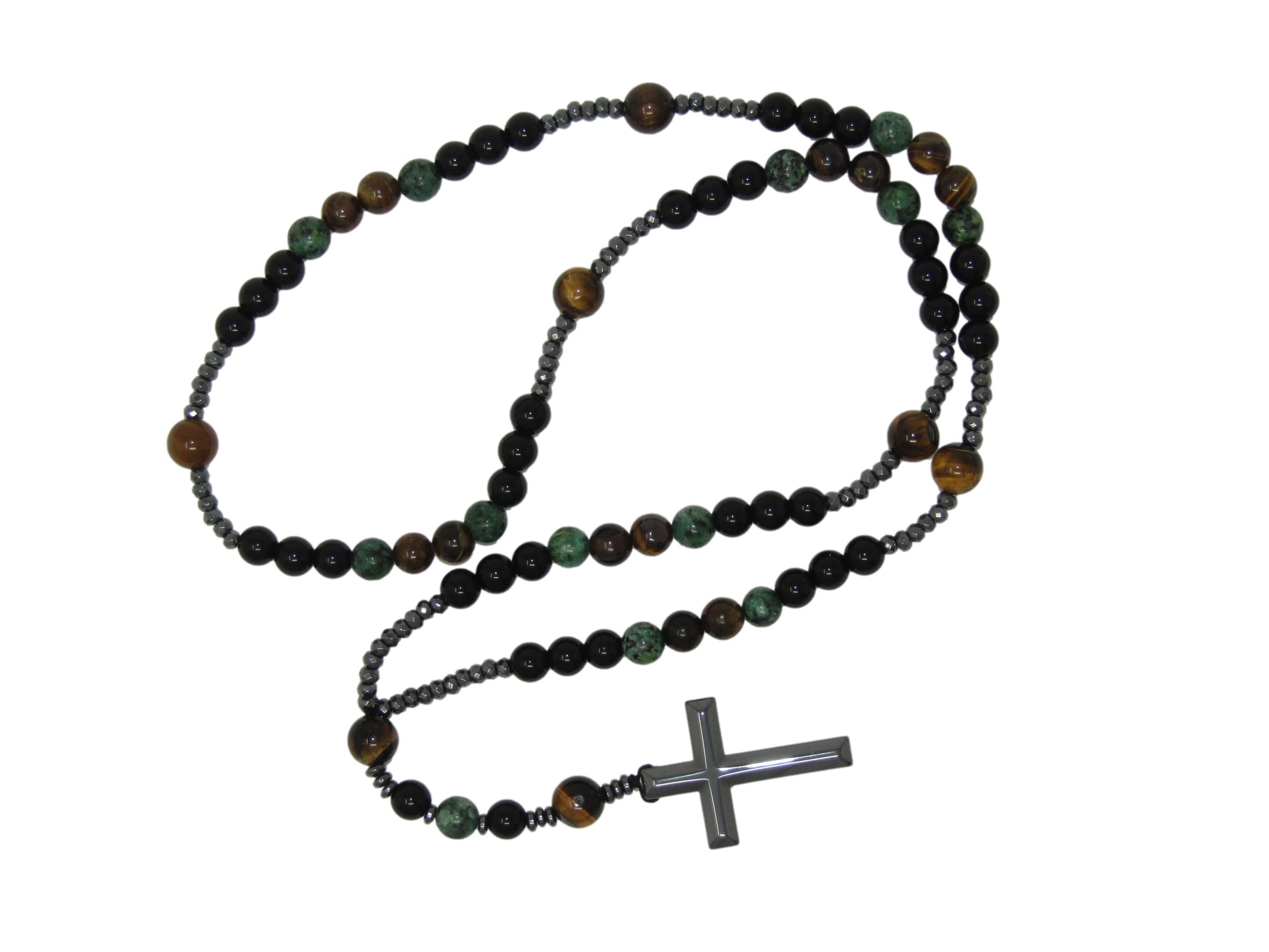 Black Agate, Green Howlite and Tiger Eye 6 Decade Catholic Rosary for Men and Women Handmade